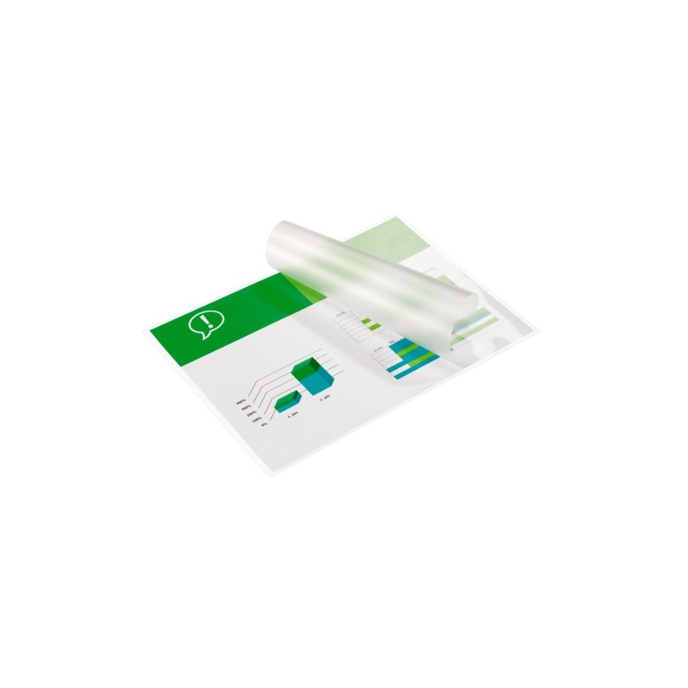 Clear, glossy lamination pouch in A7 size, 125 microns thick, featuring a smooth surface and a partially rolled edge revealing a colorful document with green and blue graphics.