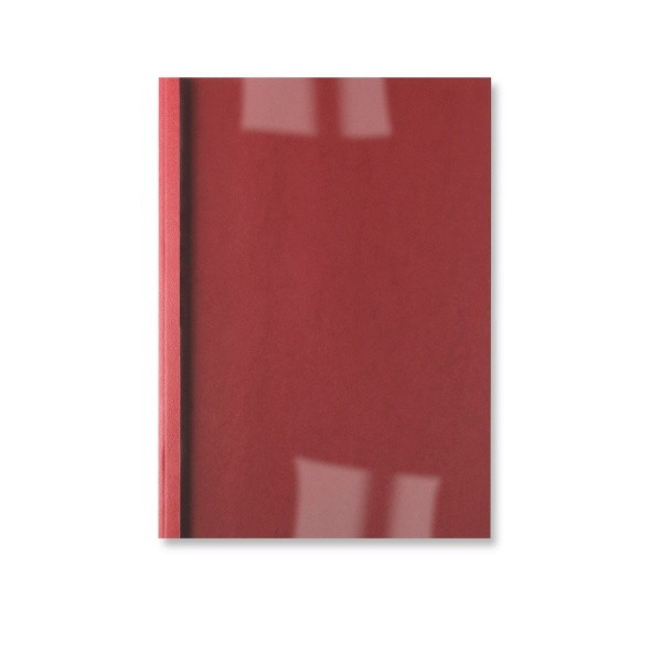 Red leather-grain thermal binding covers, 3mm thick, featuring a smooth finish, designed for professional document presentation, sold in a pack of 100.