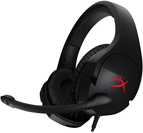 Black gaming headset with a flexible microphone, plush ear cushions, and a sleek design featuring a red logo on the ear cup.