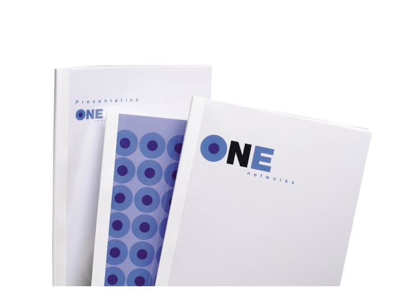 GBC Thermal Binding Covers in A4 size, featuring a sleek white design with a blue and purple polka dot pattern, ideal for professional presentations and document binding.