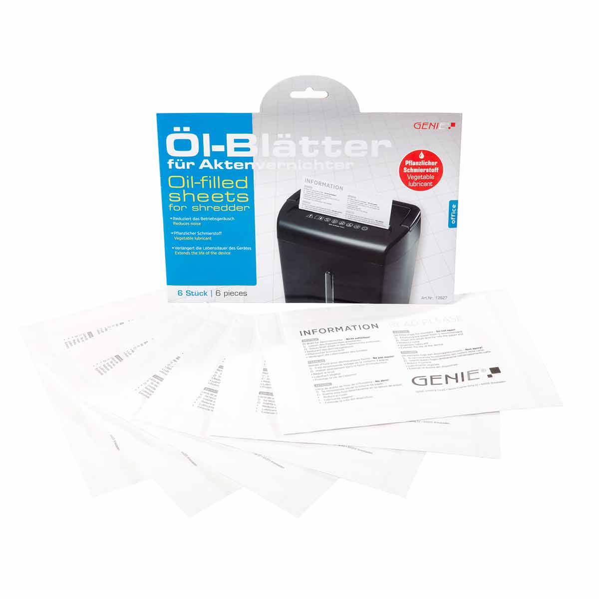 Six lubricant sheets for paper shredders, packaged with a black and white box featuring the Genie logo and instructions, with clear sheets visible in the foreground.