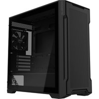 Black GIGABYTE C102 GLASS Midi Tower with tempered glass side panel and sleek, angular design.