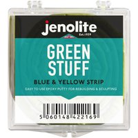 Clear plastic case with Jenolite Green Stuff epoxy putty roll, blue and yellow strip, 36 inches long.