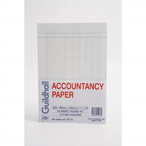 Guildhall Account Paper pack featuring 24 sheets of 298x203mm paper, with a white cover and blue branding, designed for cash column accounting.