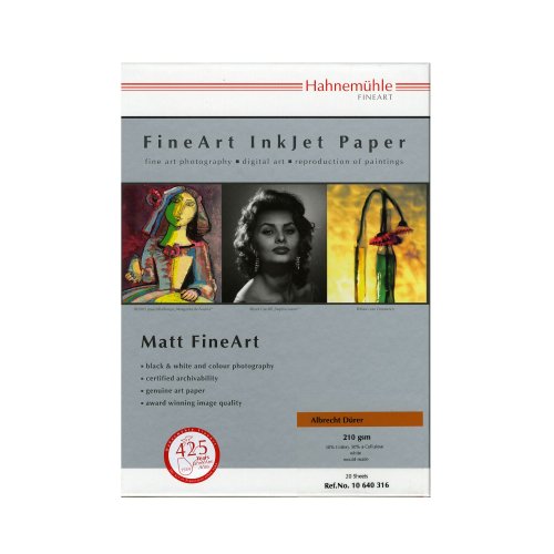 Hahnemühle Albrecht Dürer FineArt Inkjet Paper package, featuring a white background, with images of colorful artworks and a black-and-white portrait, labeled with product details.