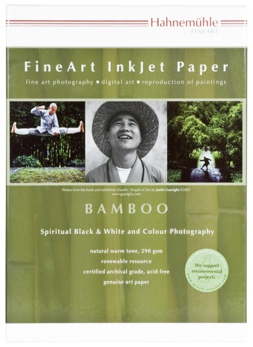 Hahnemühle Bamboo 290 A3+ paper pack featuring 25 sheets, showcasing a natural warm tone, made from renewable bamboo, with archival quality for fine art photography.