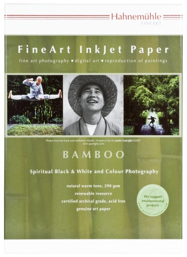 Hahnemühle Bamboo A4 paper pack featuring 25 sheets, 210 x 297 mm, with a natural warm tone, labeled for fine art photography and digital art reproduction.