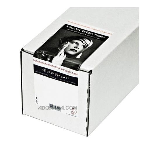 White box containing Hahnemühle Baryta FineArt inkjet paper, featuring a black and white portrait on the label, indicating glossy finish and 350gsm weight.