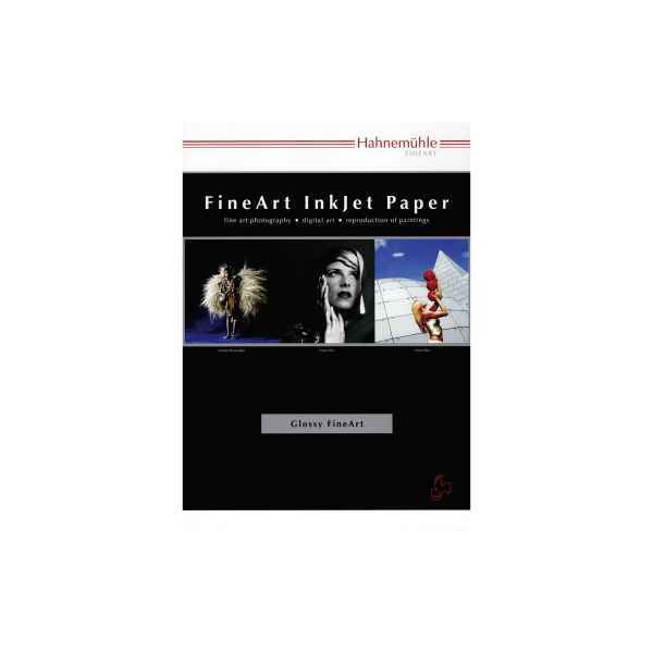 Hahnemühle Fineart Baryta A2 inkjet paper pack featuring a glossy finish, with a sleek black and white design showcasing artistic photography on the cover.