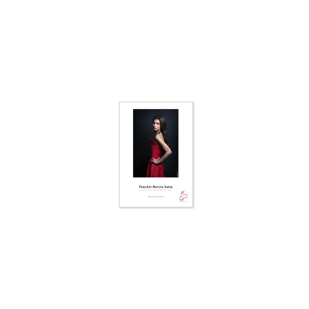 Hahnemühle FineArt Baryta Satin 300 paper pack containing 25 A3 sheets, featuring a smooth, satin finish ideal for high-quality prints, with dimensions of 297 x 420 mm.