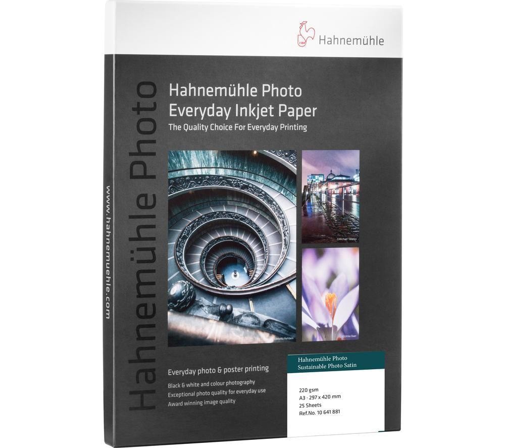 Hahnemühle Sustainable Photo Satin A3 paper pack with 25 sheets, featuring a sleek black cover, detailed product description, and an elegant spiral staircase image on the front.