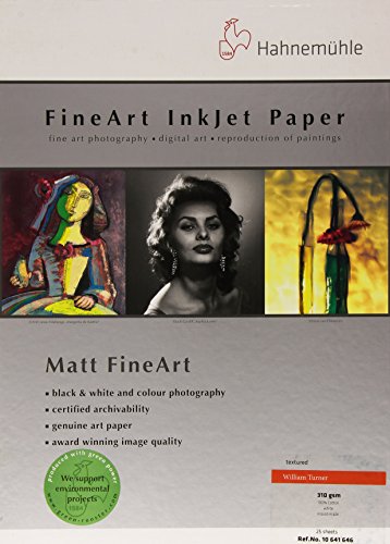 Hahnemühle William Turner 310 fine art inkjet paper pack contains 25 sheets, A3 size (297 x 420 mm), featuring a textured surface ideal for art reproduction and photography.