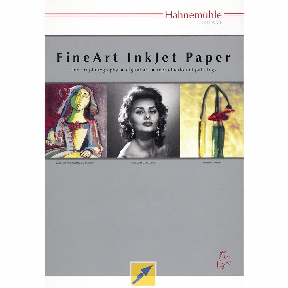 Hahnemühle William Turner 310 fine art inkjet paper pack, A4 size, 25 sheets, featuring a grey background with colorful artwork examples and branding at the top.