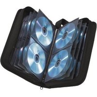 Black Hama CD DVD Blu-ray wallet with nylon exterior, holds 64 discs, open to show transparent sleeves with discs inside.