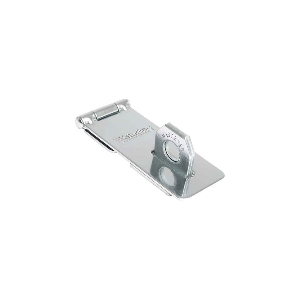 Silver steel hasp and staple, 95mm in length, featuring a rounded hinge and a rectangular staple with a circular hole for secure locking.