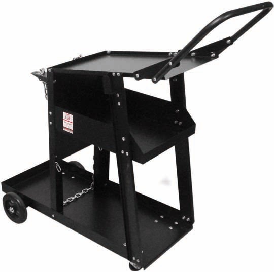 Black metal trolley with three shelves, featuring a sturdy handle, chain for securing items, and wheels for easy mobility, measuring 107x43x104cm and weighing 23kg.