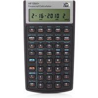 HP 10bII+ financial calculator, black with gray display, multiple buttons labeled with numbers and financial functions.