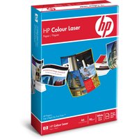 HP Color Laser Paper pack, blue and red box, 90 gsm, 500 sheets, A4 size, with colorful printed images on front.