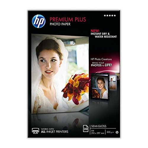 HP Premium Plus Semi-gloss Photo Paper pack featuring 20 sheets, A4 size (210 x 297 mm), with a white semi-glossy finish, ideal for vibrant photo printing.
