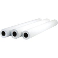 HP J3H73A plotter paper roll, white, 45.7m length, 152.4cm width, core visible, smooth texture.