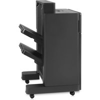 Black HP LaserJet Stapler/Stacker with dual output trays and wheeled base.