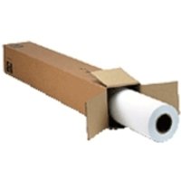 HP glossy photo paper roll, 24-inch width, in brown cardboard box with open flap revealing white paper edge.