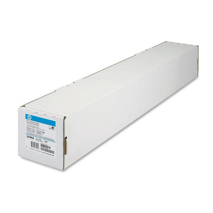 White cardboard box containing a roll of HP Universal Bond Inkjet Plotter Paper, measuring 610mm x 45.7m, labeled with product details and specifications.