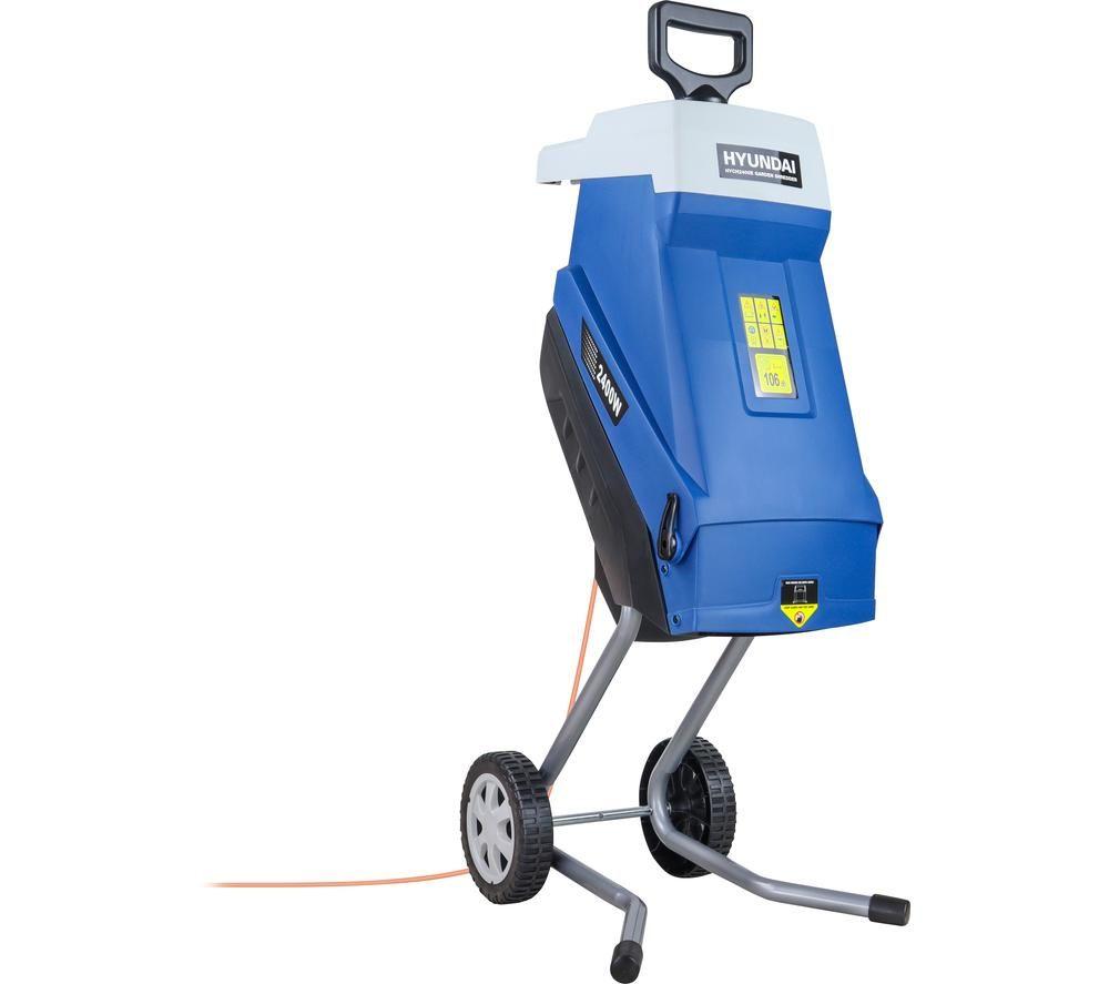 Hyundai electric garden shredder in blue and white, featuring a sturdy design, large wheels, a user-friendly control panel, and a 2400W motor for efficient shredding.