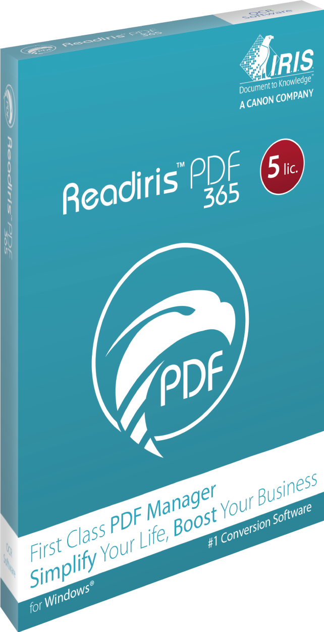 Turquoise software box with a white eagle logo and the text "Readiris PDF 365" prominently displayed, highlighting features like "First Class PDF Manager" and "for Windows."