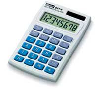Compact blue and white Ibico 081X pocket calculator featuring a large display, 10-digit capacity, and a keypad with blue buttons for easy navigation and calculations.