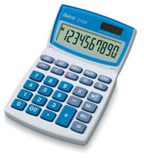 Blue and white Ibico 210X desktop calculator featuring a large LCD display, numeric keypad, and function keys for basic calculations.
