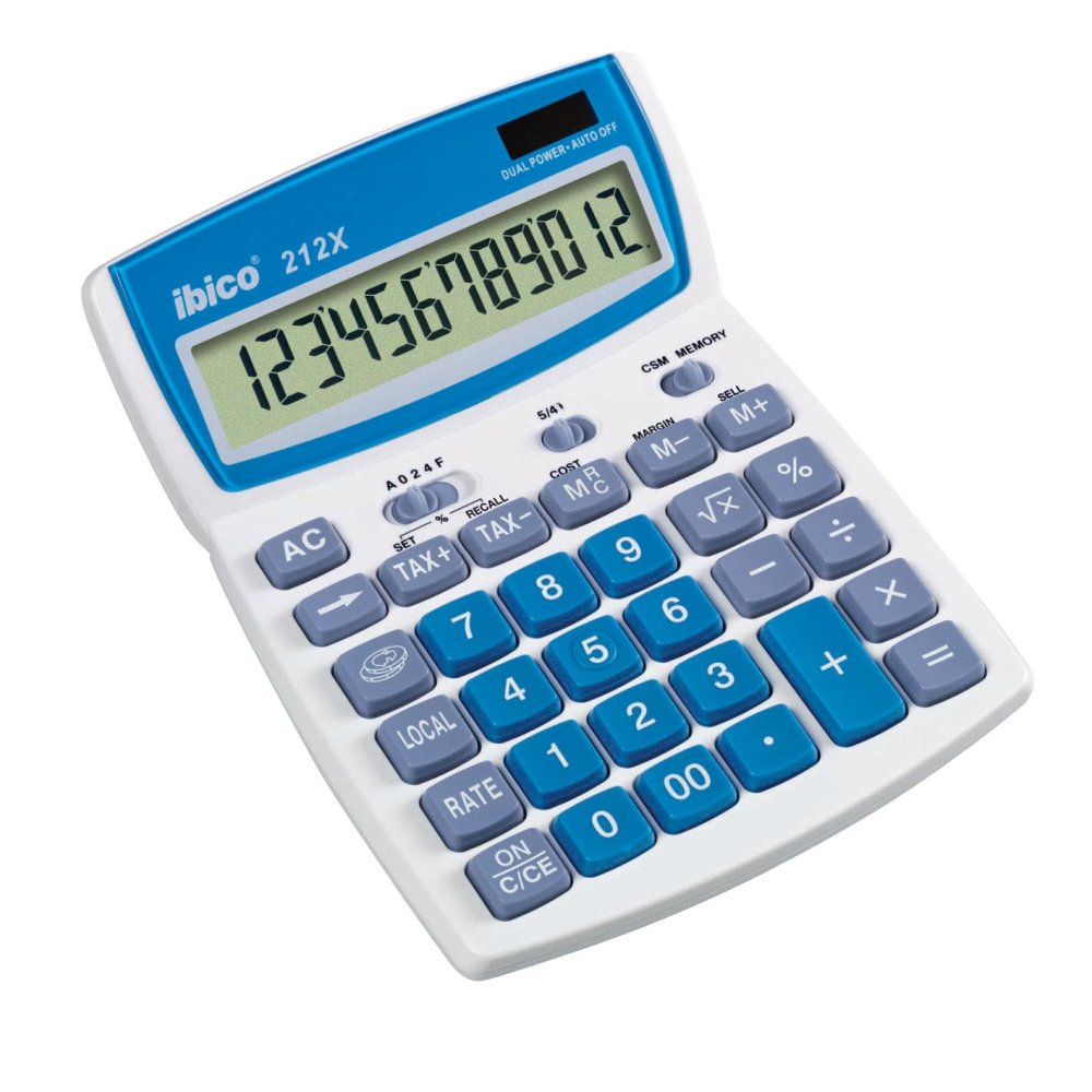 Blue and white Ibico 212X desktop calculator featuring a large display, numeric keypad, and function keys for tax, memory, and calculation operations.