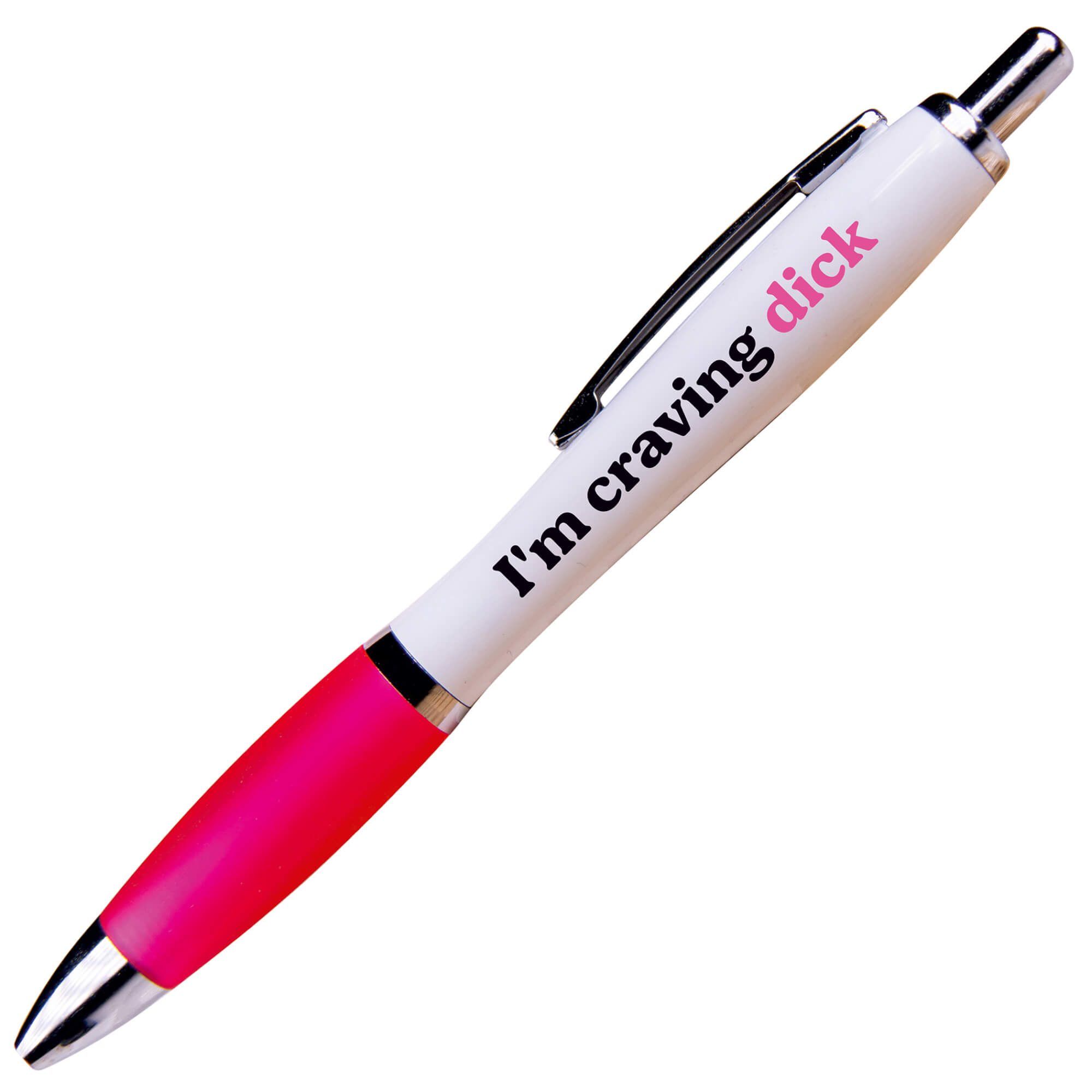 White and pink pen with a glossy finish, featuring the phrase "I'm craving dick" in bold black and pink text, and a silver clip at the top.
