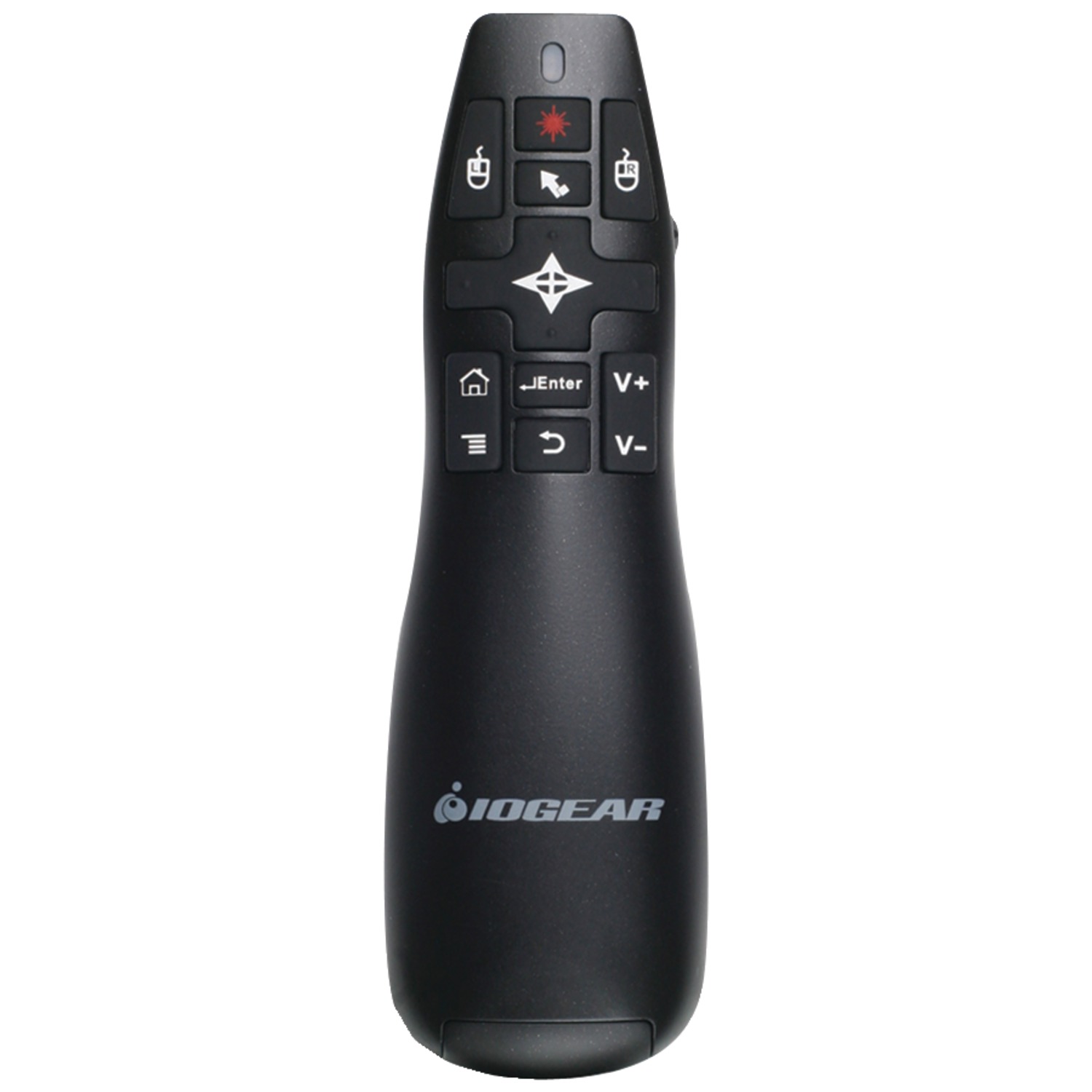 Black wireless presenter mouse featuring a red laser, multiple buttons for navigation, and a sleek ergonomic design, with the IOGEAR logo prominently displayed.