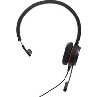 Black Jabra Evolve 20 SE headset with padded ear cups, adjustable headband, and USB connection for office use.