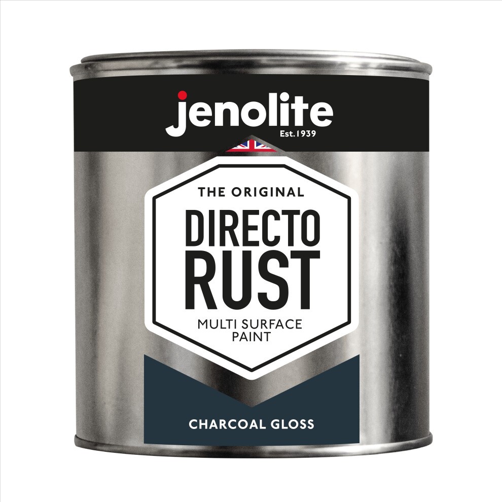 Charcoal gloss spray paint can by Jenolite, labeled "DIRECTO RUST," suitable for wood, metal, plastic, ceramic, and rusted surfaces, with a sleek metallic finish.