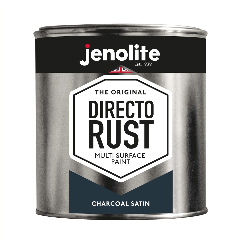 Charcoal satin multi-surface paint in a 1-litre tin, featuring a bold black and white label with "DIRECTO RUST" prominently displayed, suitable for wood, metal, plastic, ceramic, and rusted surfaces.