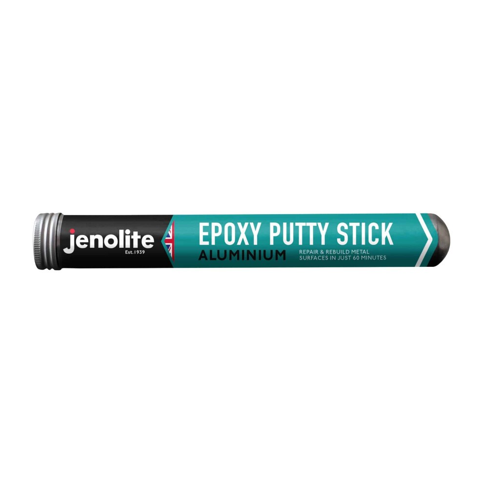 Black and teal tube of Jenolite Epoxy Putty Stick for aluminum repair, featuring clear labeling and a 7-inch length, designed for quick metal surface repairs in 60 minutes.