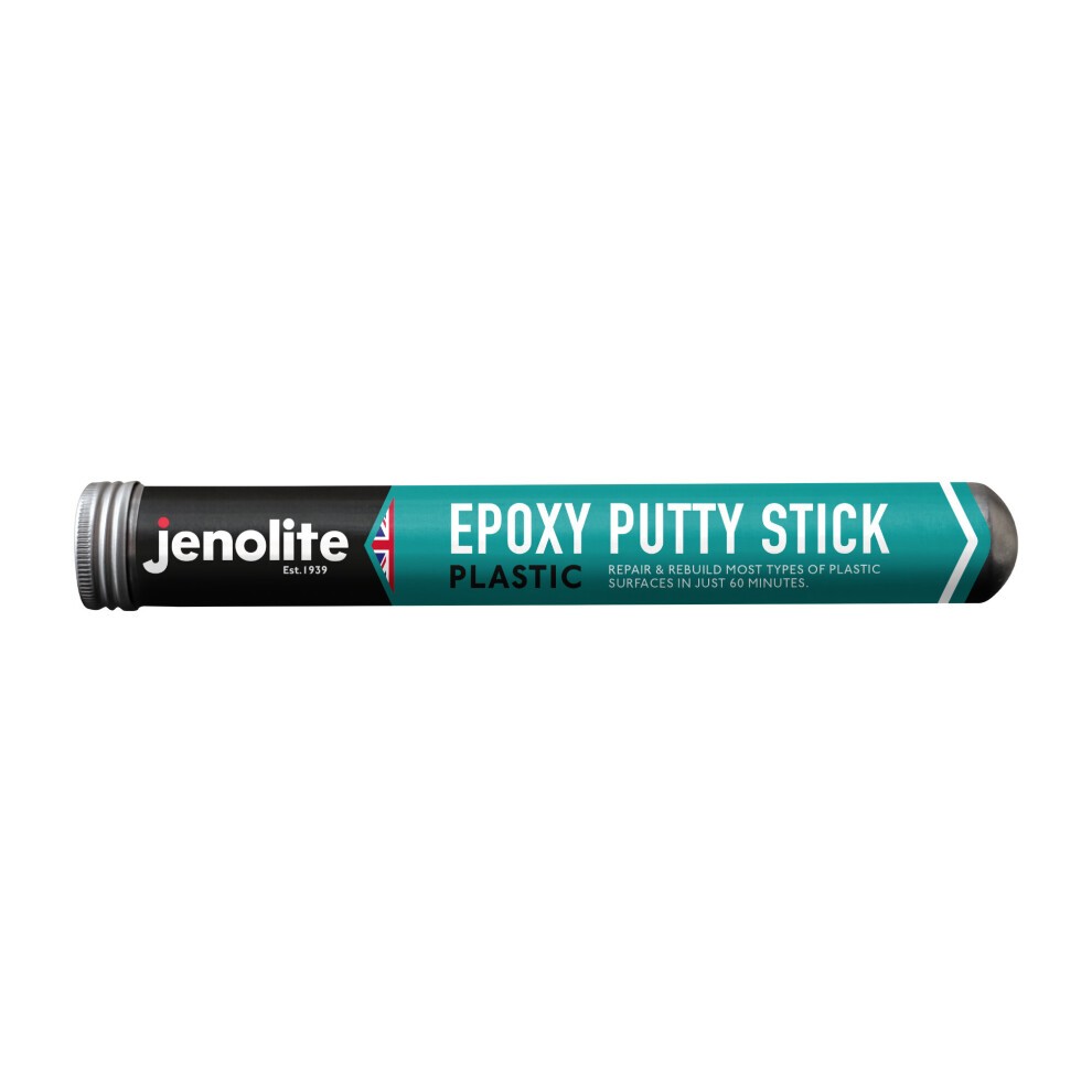 Jenolite Epoxy Putty Stick in a black and teal tube, labeled "EPOXY PUTTY STICK PLASTIC," designed for repairing plastic surfaces, with a 112g weight.