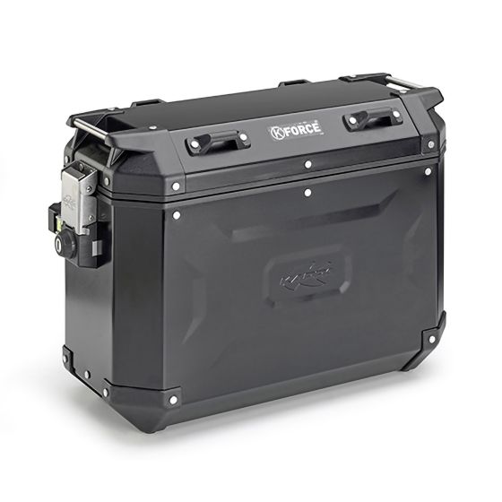 Kappa K'FORCE MONOKEY motorcycle side case in black, 37 litres capacity, features a durable design with secure latches and a sleek, angular shape for optimal storage.