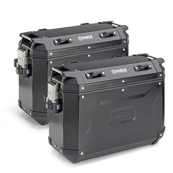 Kappa K'FORCE MONOKEY motorcycle side cases in black, featuring a rugged design, 37-litre capacity, and secure locking mechanism, sold as a pair.