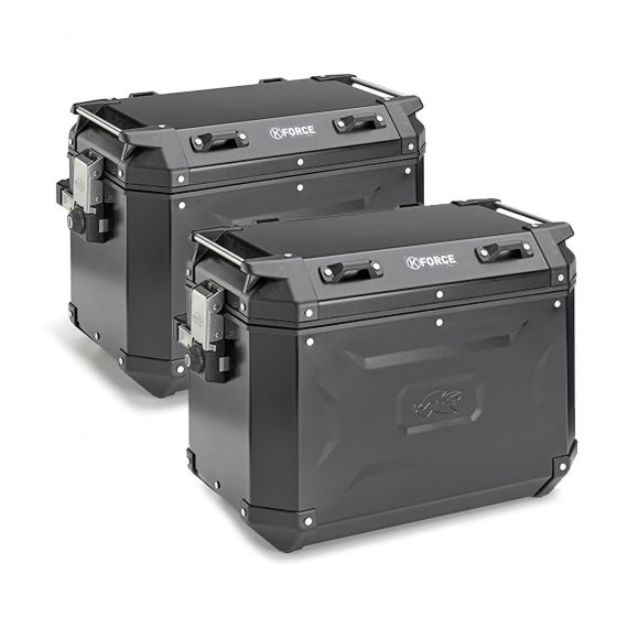 Kappa K'FORCE MONOKEY motorcycle side cases in black, featuring a rugged design, 48-litre capacity, secure locking mechanism, and durable construction for enhanced storage.