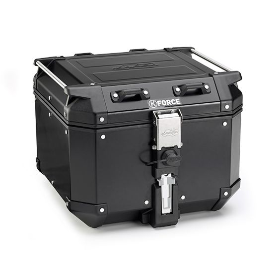 Kappa K'FORCE MONOKEY motorcycle top case in black, featuring a sturdy design, 42-litre capacity, metal locking mechanism, and reinforced corners for durability.