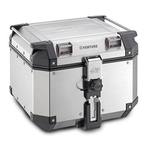 Silver Kappa K'FORCE MONOKEY motorcycle top case with a 48-litre capacity, featuring a sturdy metal construction, locking mechanism, and reinforced corners for durability.