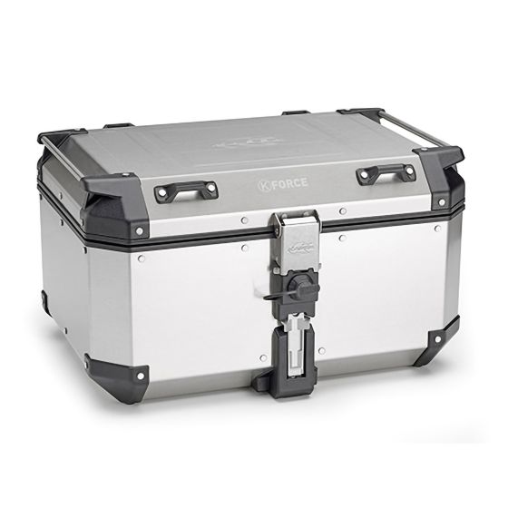 Kappa K'FORCE MONOKEY motorcycle top case in silver, featuring a robust aluminum exterior, locking mechanism, and sturdy handles, with a capacity of 58 litres.
