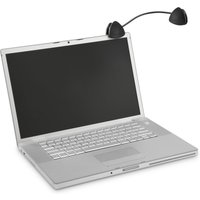 Black Kensington Flex Clip Copyholder attached to a silver laptop, featuring a flexible arm and clip for holding documents.