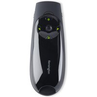 Black Kensington wireless presenter with green laser, four-button control, and ergonomic design.