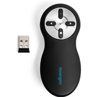 Black Kensington Wireless Presenter with silver control pad and nano USB receiver.