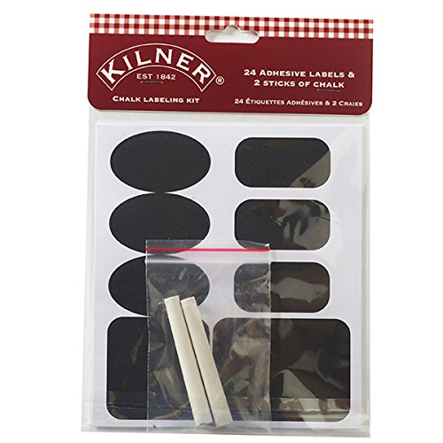 Kilner Chalk Labelling Set includes 24 black adhesive labels and 2 white chalk sticks, packaged in a clear plastic bag with a red and white checkered header.