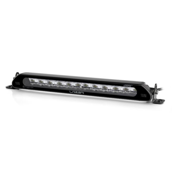 Lazer Lamps Linear 12 LED Light Bar features a sleek black aluminum housing with 12 bright LED lights, designed for high-performance illumination in various conditions.